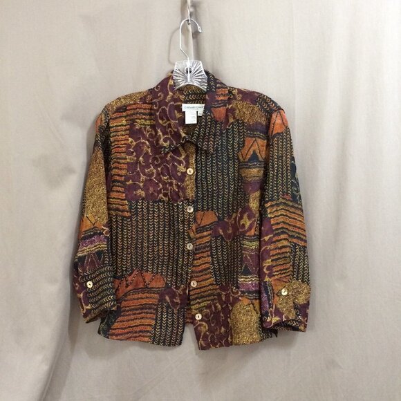 Coldwater Creek Blouse Button Down Sheer Brown Prints Beads on Front Size PM - Picture 1 of 4